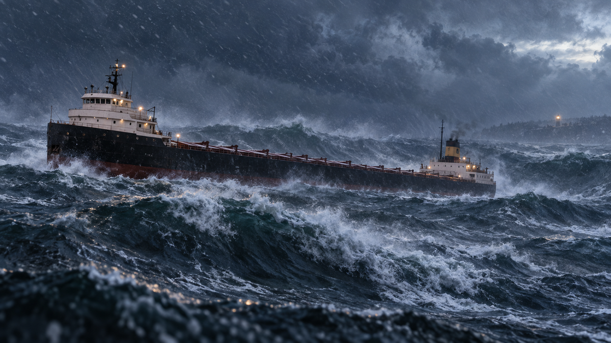SS Edmund Fitzgerald battles towering waves and snow on Lake Superior during the storm of November 10, 1975
