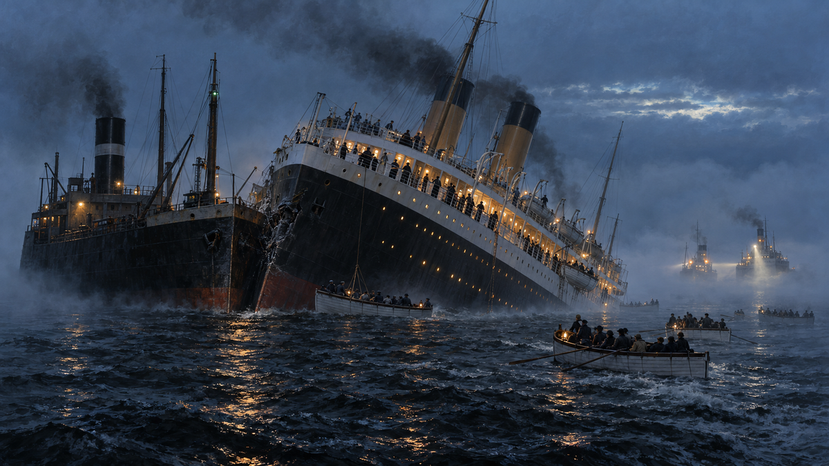 Historical illustration of RMS Empress of Ireland listing beside SS Storstad as lifeboats gather in fog on the St. Lawrence River