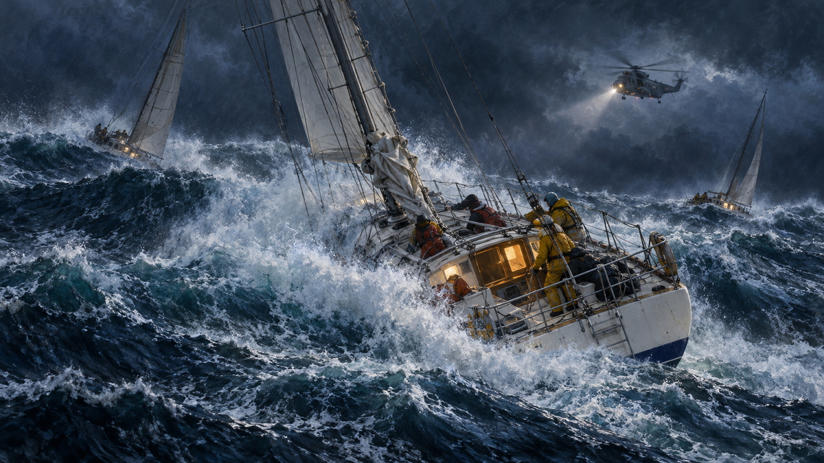 Historical illustration of 1970s racing yachts fighting breaking seas as a Royal Navy helicopter searches during the 1979 Fastnet storm