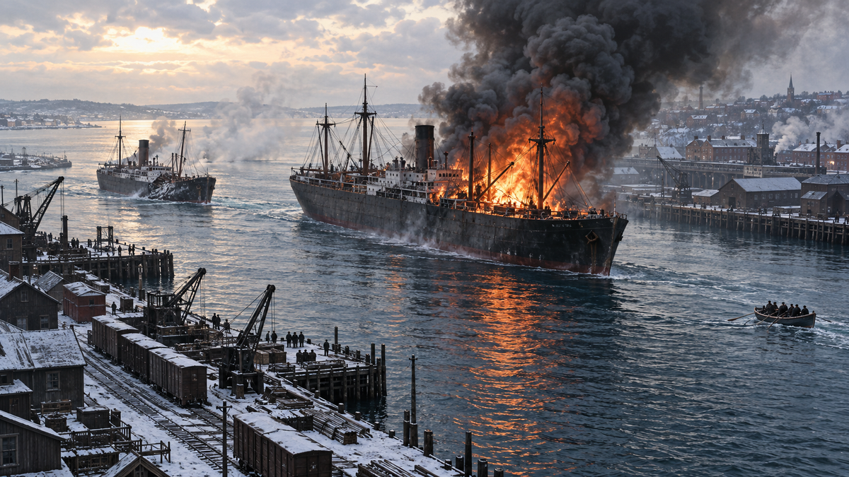 SS Mont-Blanc burns in Halifax Harbour after colliding with SS Imo on December 6, 1917