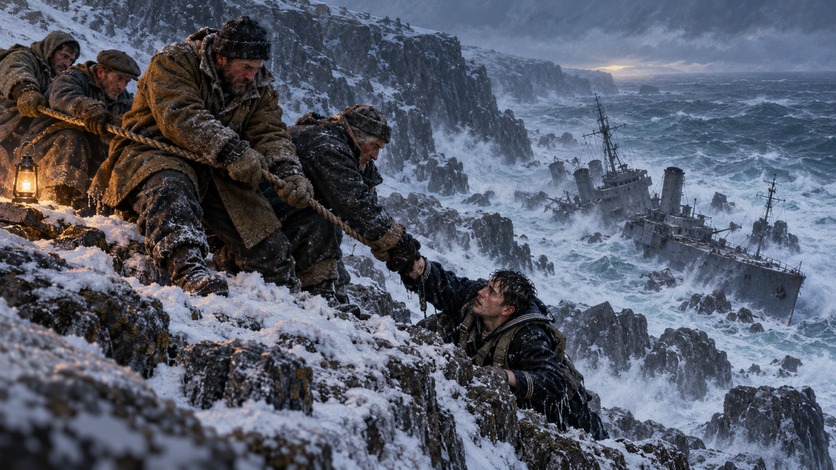 Newfoundland miners haul a U.S. Navy sailor up an icy cliff above the wrecked USS Truxtun during the 1942 winter storm rescue.