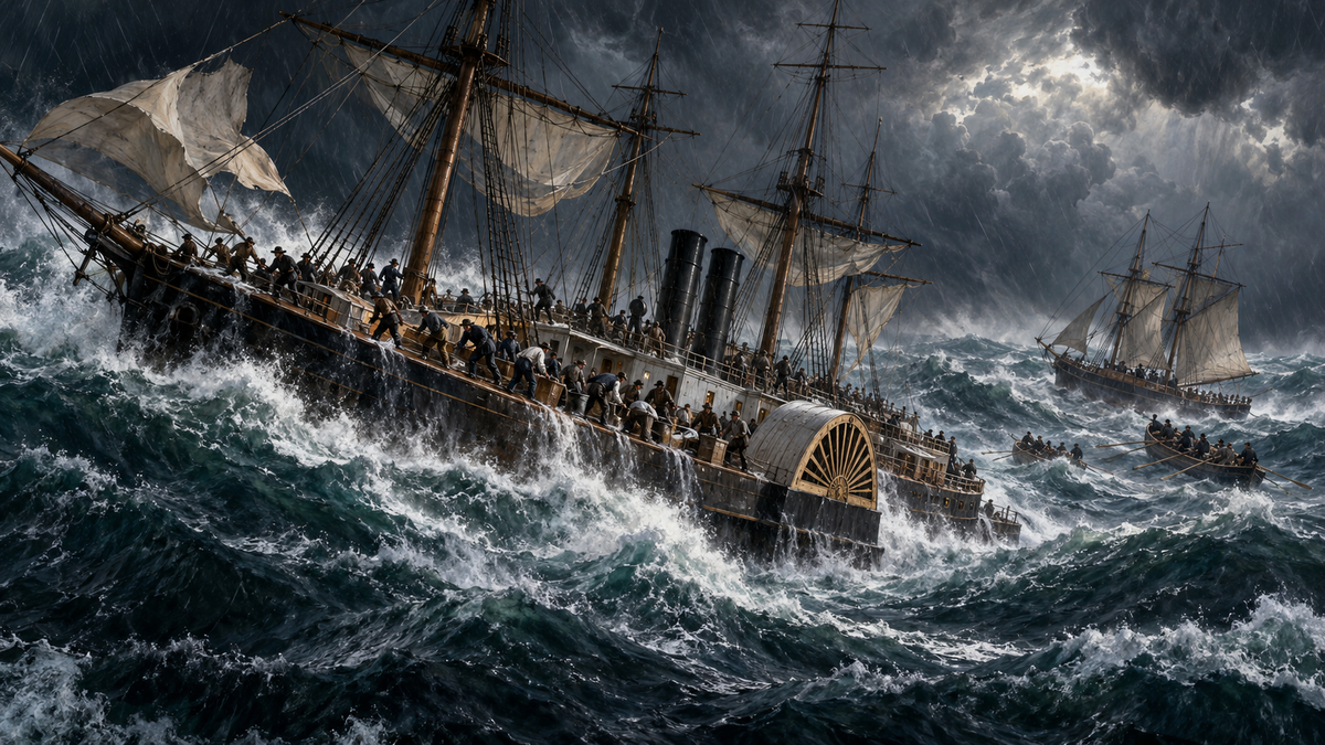 Historical illustration of the sidewheel steamship SS Central America fighting hurricane seas while rescue boats approach on September 12, 1857