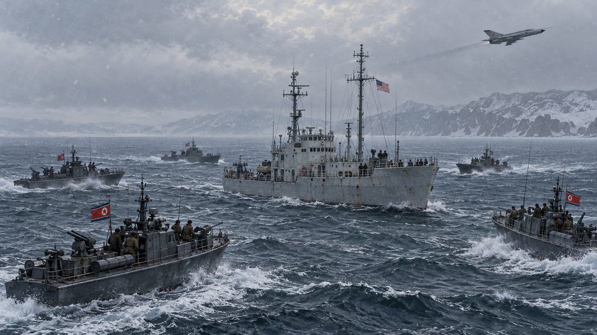 Historical illustration of USS Pueblo surrounded by North Korean patrol boats on the cold Sea of Japan in January 1968.