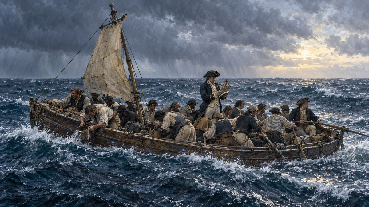 Historical illustration of William Bligh and eighteen sailors battling rough seas in the Bounty's open launch in 1789