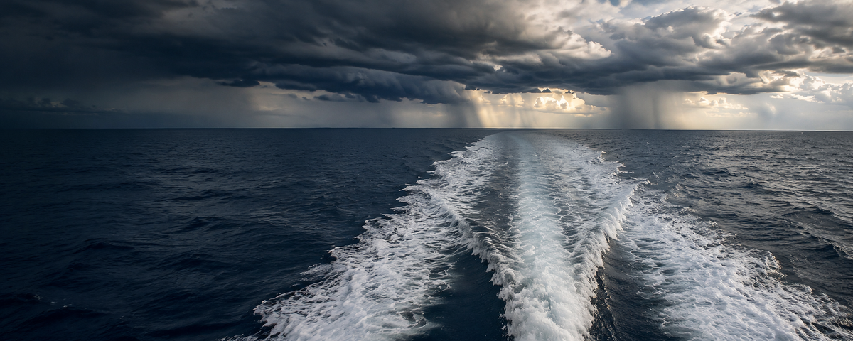 Boat wake under dramatic clouds on open water