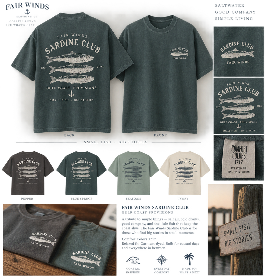 Fair Winds Sardine Club — Gulf Coast Provisions Comfort Colors Tee
