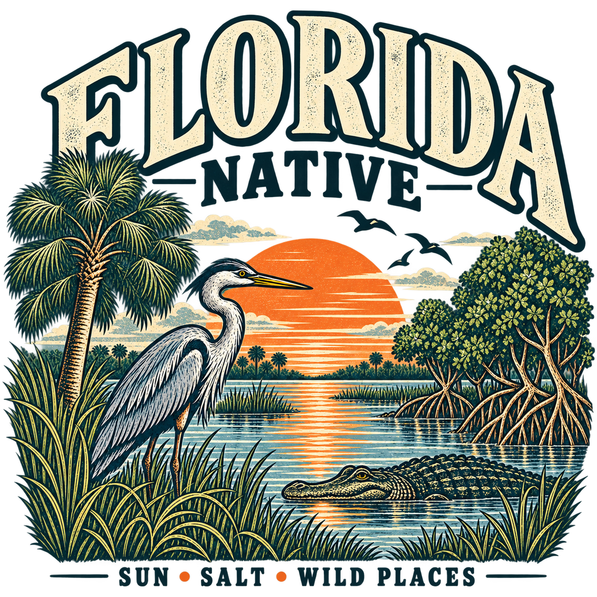 Florida Native Sun Salt Wild Places heron alligator sunset artwork
