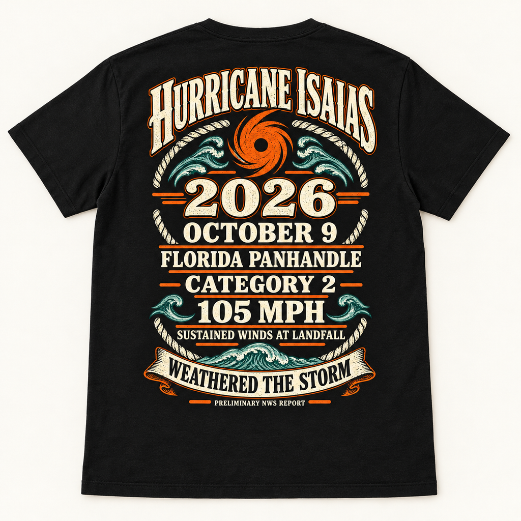 Hurricane Isaias 2026 black tee back mockup — October 9 Florida Panhandle storm statistics