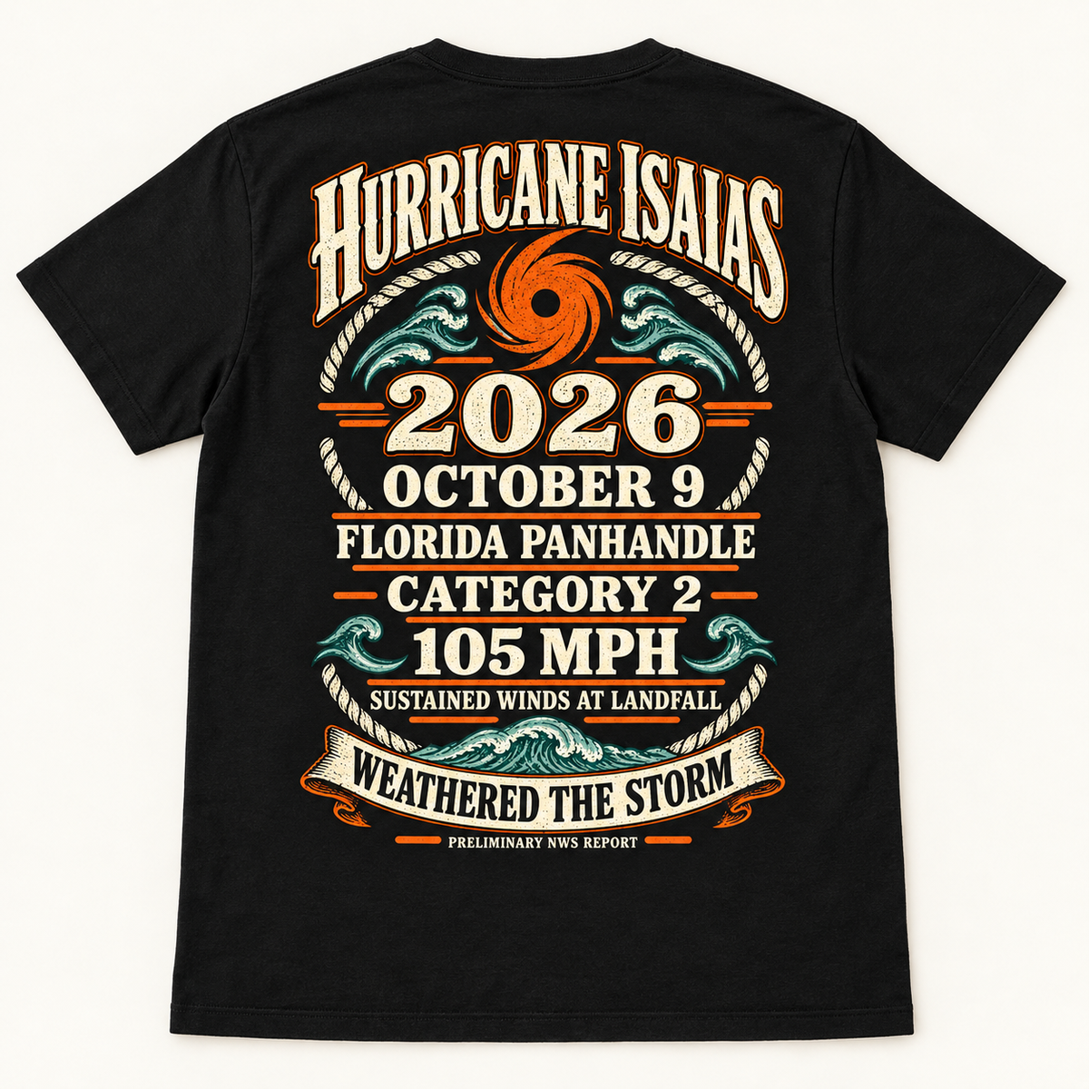 Hurricane Isaias 2026 black tee back mockup — October 9 Florida Panhandle storm statistics