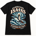 Hurricane Isaias 2026 Weathered the Storm black tee — front mockup