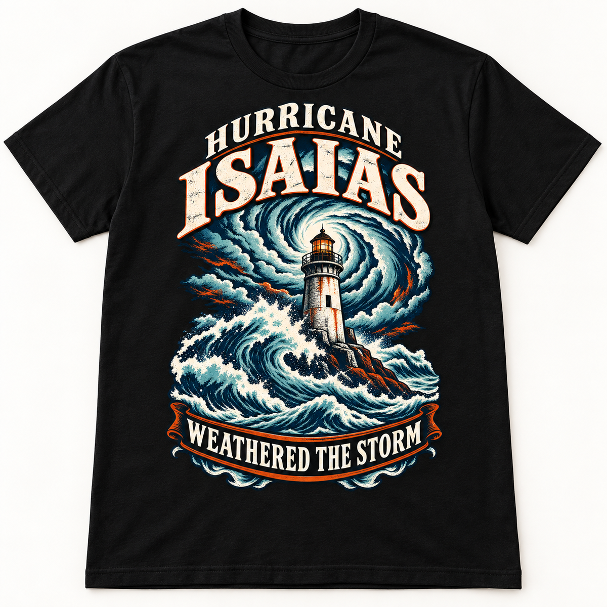 Hurricane Isaias 2026 Weathered the Storm black tee — front mockup